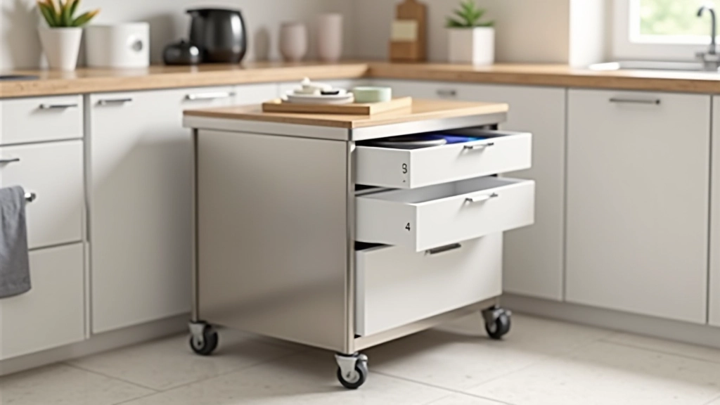 Piano di lavoro cucina con carrello mobile sottile in acciaio inossidabile, cassetti con divisori, spazio sottostante libero per movimento