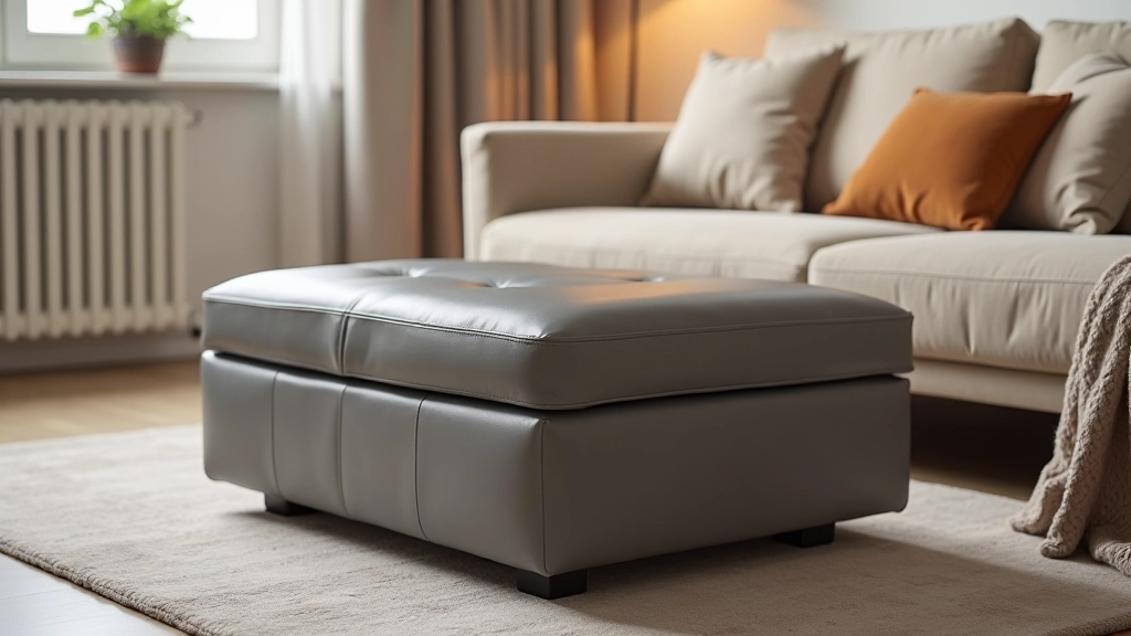 Pouf grigio con coperchio in pelle sintetica in salotto moderno, davanti a divano beige con cuscini decorativi