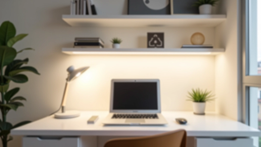 Studio con illuminazione LED incorporata negli scaffali e lampada da tavolo moderna, spazio luminoso e ordinato