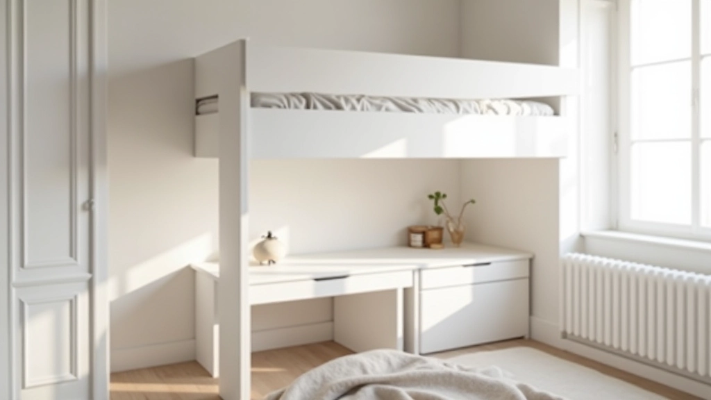 Letto rialzato con vani di stoccaggio integrati e scrivania sotto in camera da letto compatta, pareti bianche minimaliste