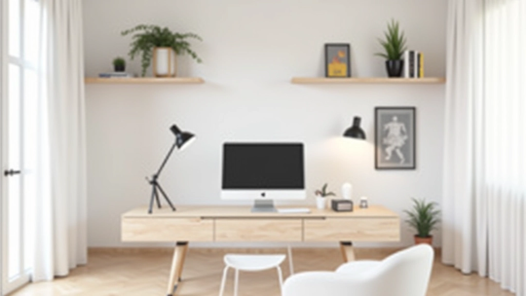 Studio domestico con palette di colori chiari: bianco, grigio naturale, legno chiaro, con accenti neri minimalisti