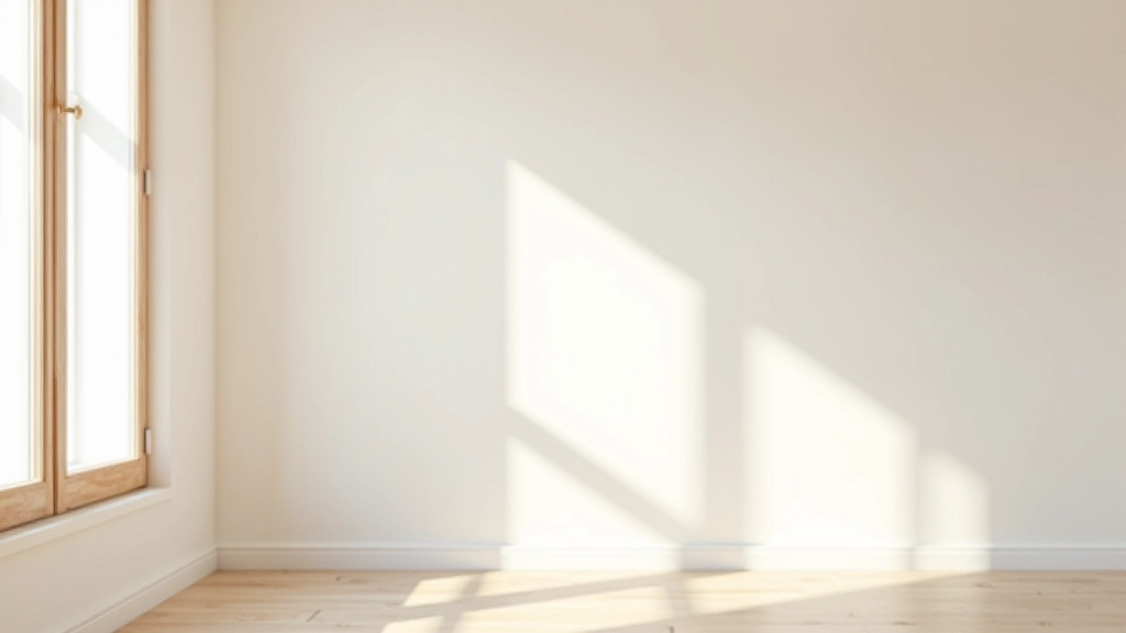 Parete bianca crema con texture sottile, decorata con cornice in legno naturale, luce naturale da finestra laterale che evidenzia le tonalità calde, arredamento minimalista sullo sfondo