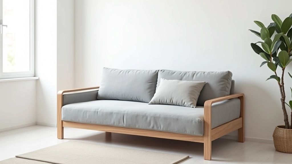 Divano letto grigio chiaro con braccioli in legno naturale in salotto luminoso, stanza con ampi infissi e parete bianca