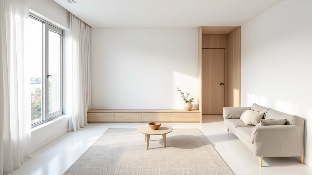 Ambiente luminoso con arredamento minimalista e colori chiari in piccolo appartamento italiano