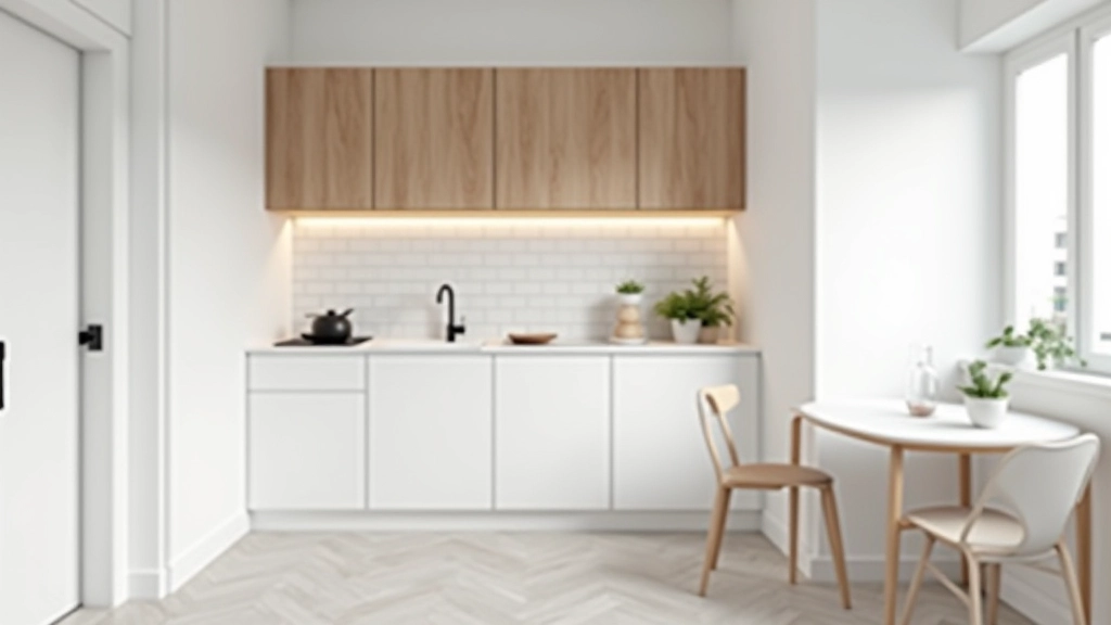 Cucina moderna con pareti bianche, piastrelle a spina di pesce grigio chiaro, mobili in legno naturale, illuminazione sopra gli armadi che crea profondità