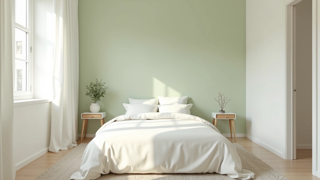 Prima e dopo di una piccola stanza: prima con colore scuro grigio-blu su tutte le pareti che sembra oppressiva, dopo con pareti bianche crema e una parete di accento verde salvia che sembra molto più grande e luminosa