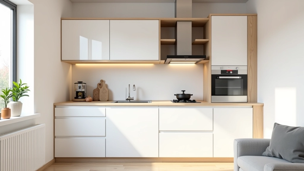 Cucina piccola con mobili bianchi e accenti di legno naturale, ottimizzazione dello spazio verticale