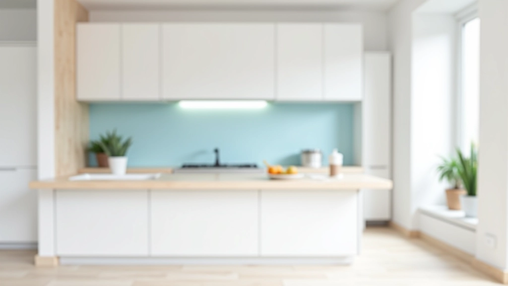 Piccola cucina con pareti bianche e top in legno chiaro, illuminazione LED sotto i pensili, accenti di blu pastello delicato su una parete, spazio ben organizzato e luminoso