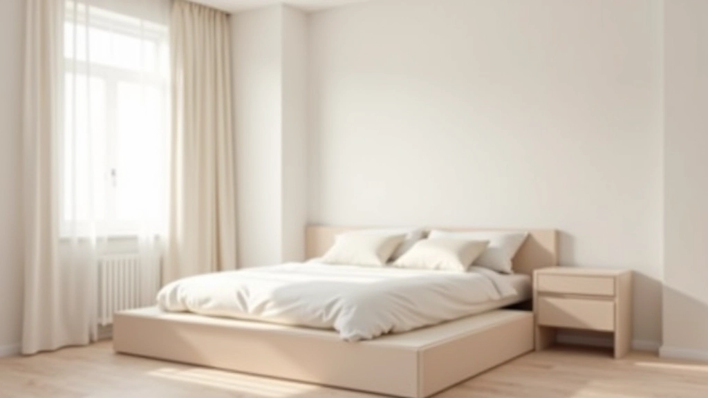 Camera da letto minimalista con letto con cassetti incorporati e colori pastello soft