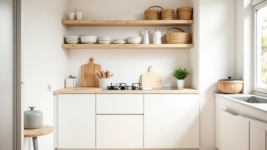 Cucina piccola ben organizzata con soluzioni di stoccaggio verticale e colori neutri chiari