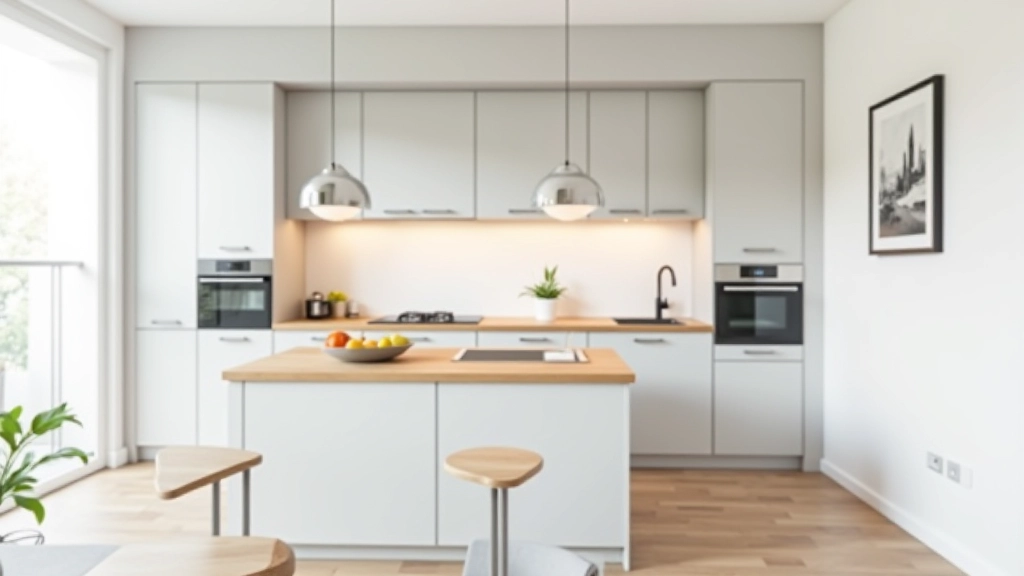Cucina open space piccola con isola multifunzionale e colori neutri luminosi
