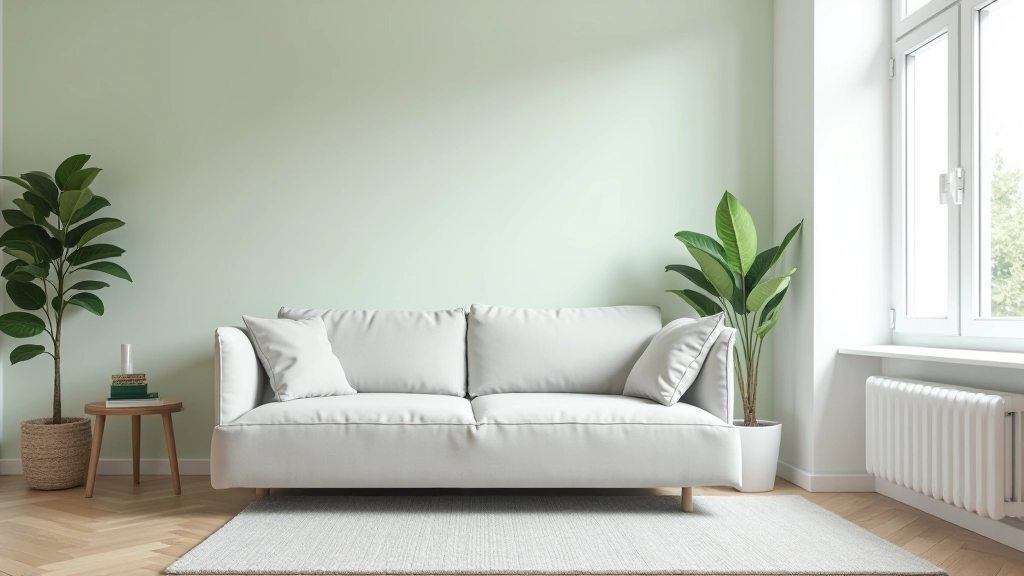Piccolo salotto con divano grigio chiaro, pareti bianche con accento di verde salvia su nicchia, illuminazione naturale abbondante da finestra grande, spazio ben proporzioni e luminoso