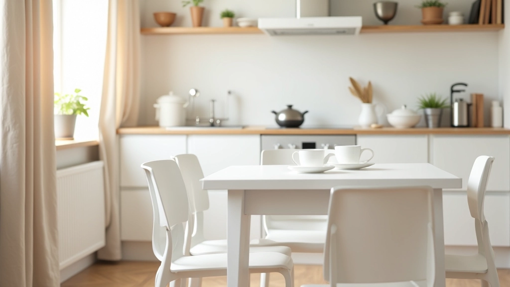 Tavolo da pranzo pieghevole bianco con ripiani estraibili in cucina compatta, accanto a finestra con luce naturale calda