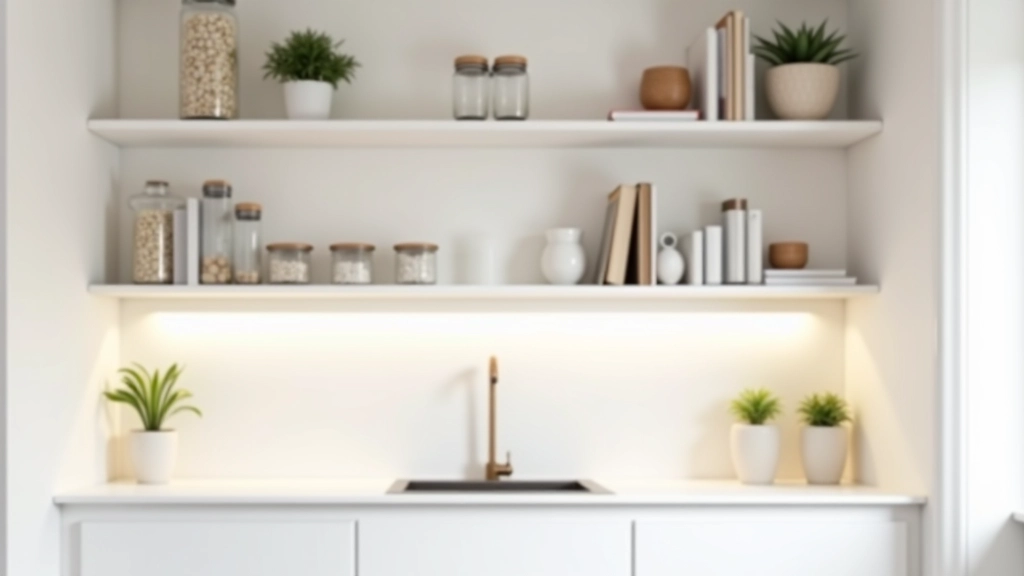 Parete cucina con scaffali aperti bianchi dal pavimento al soffitto, ripiani pieni di barattoli, libri ricette, piante, illuminazione LED sotto gli scaffali
